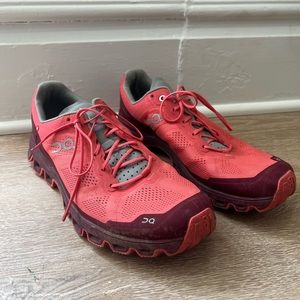 On Clouds pink with purple and grey trim. Size 11